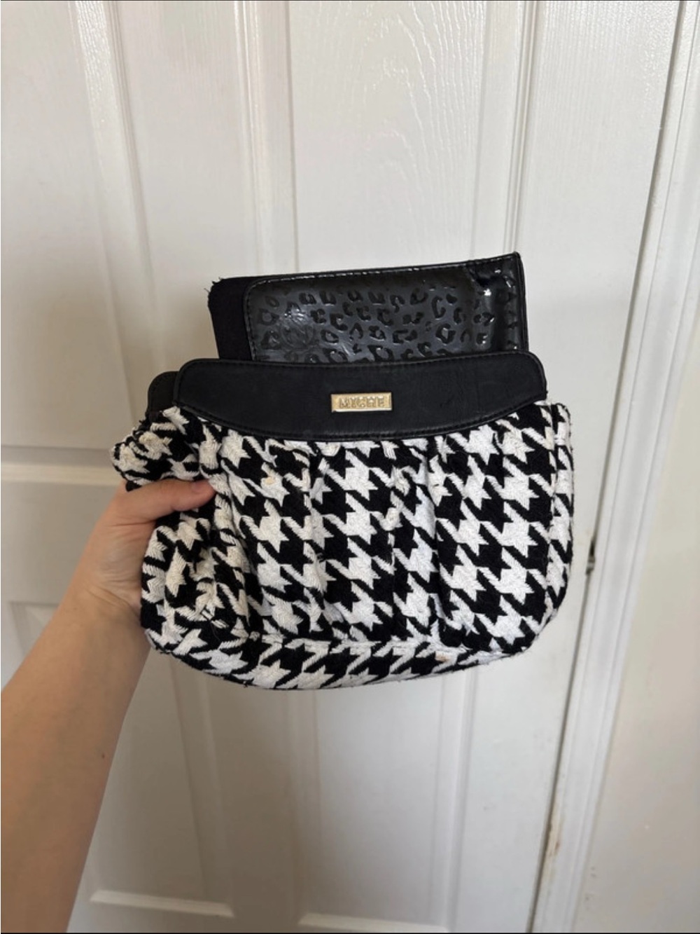 Miche Black and White Houndstooth Clutch with Logo Plaque